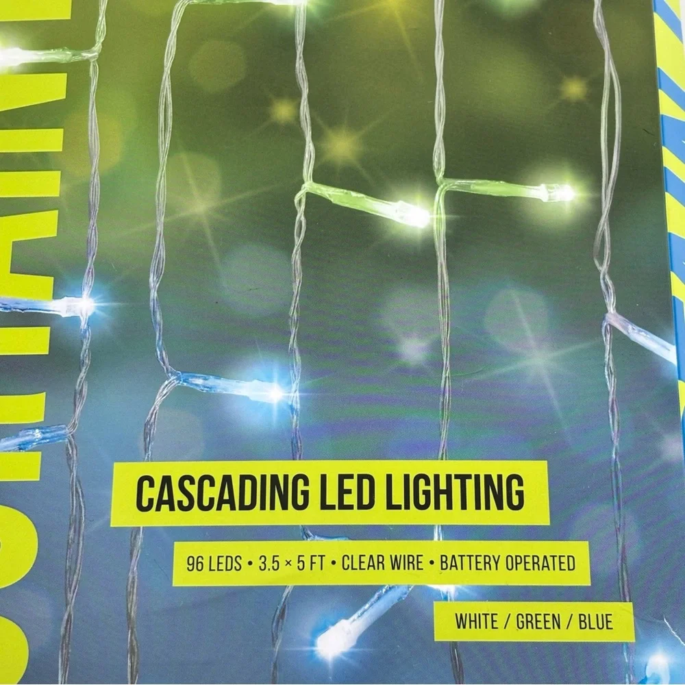 Cascading 96 LED Curtain Lights - White and Green 3.5 × 5 feet